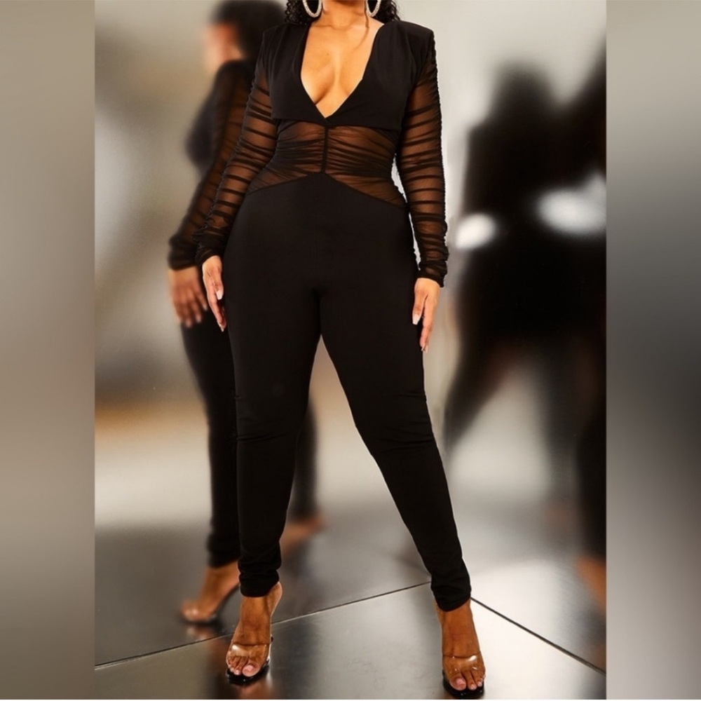 PrettyLittleThing Black Mesh Jumpsuit